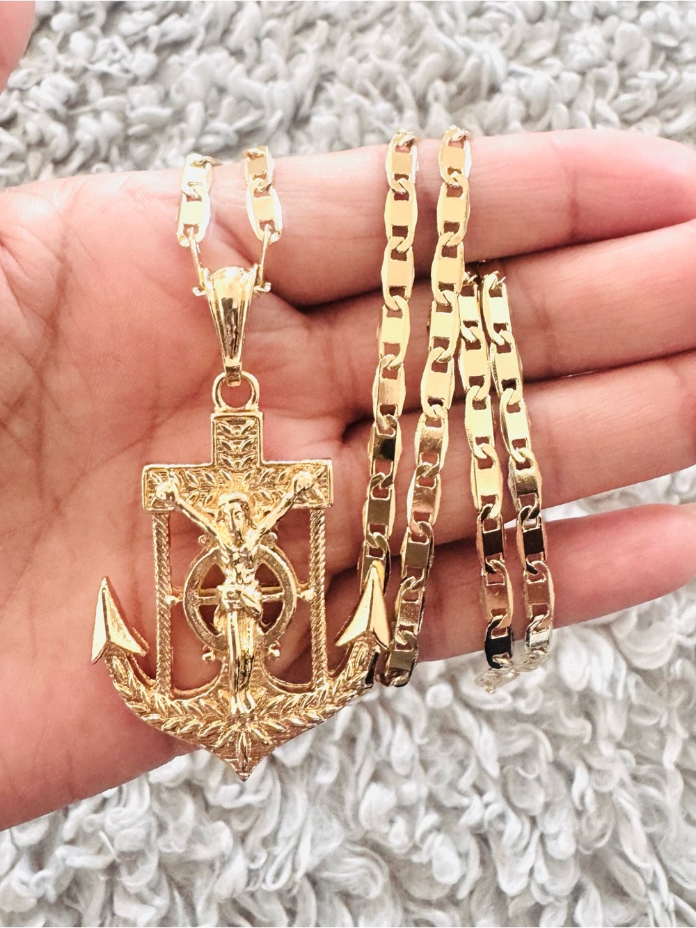 14K Gold Plated Anchor with Christ men’s necklace. New